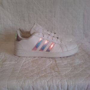 Adidas White Sneakers with Iridescent Stripes